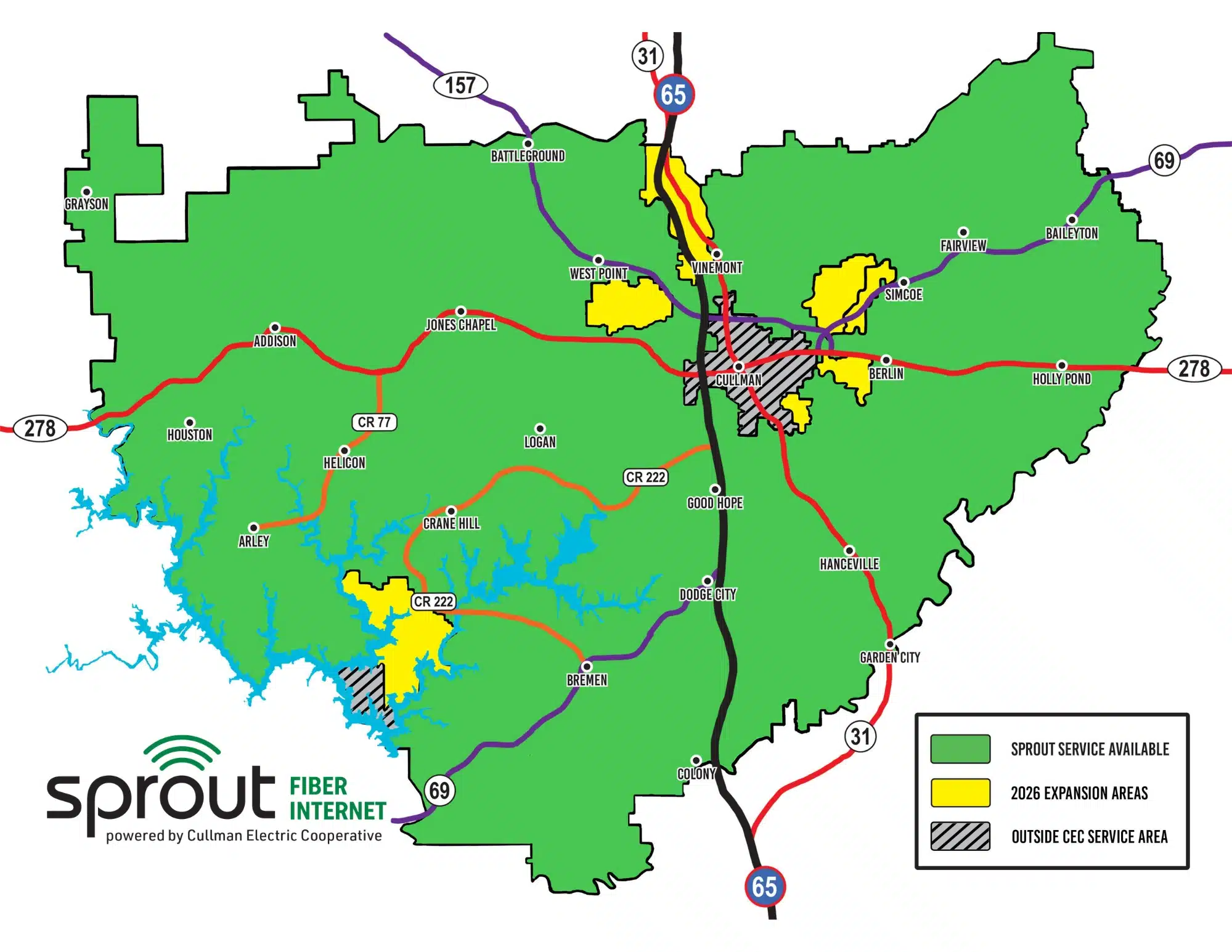 A map of Sprout Fiber's available service areas and 2026 expansion areas